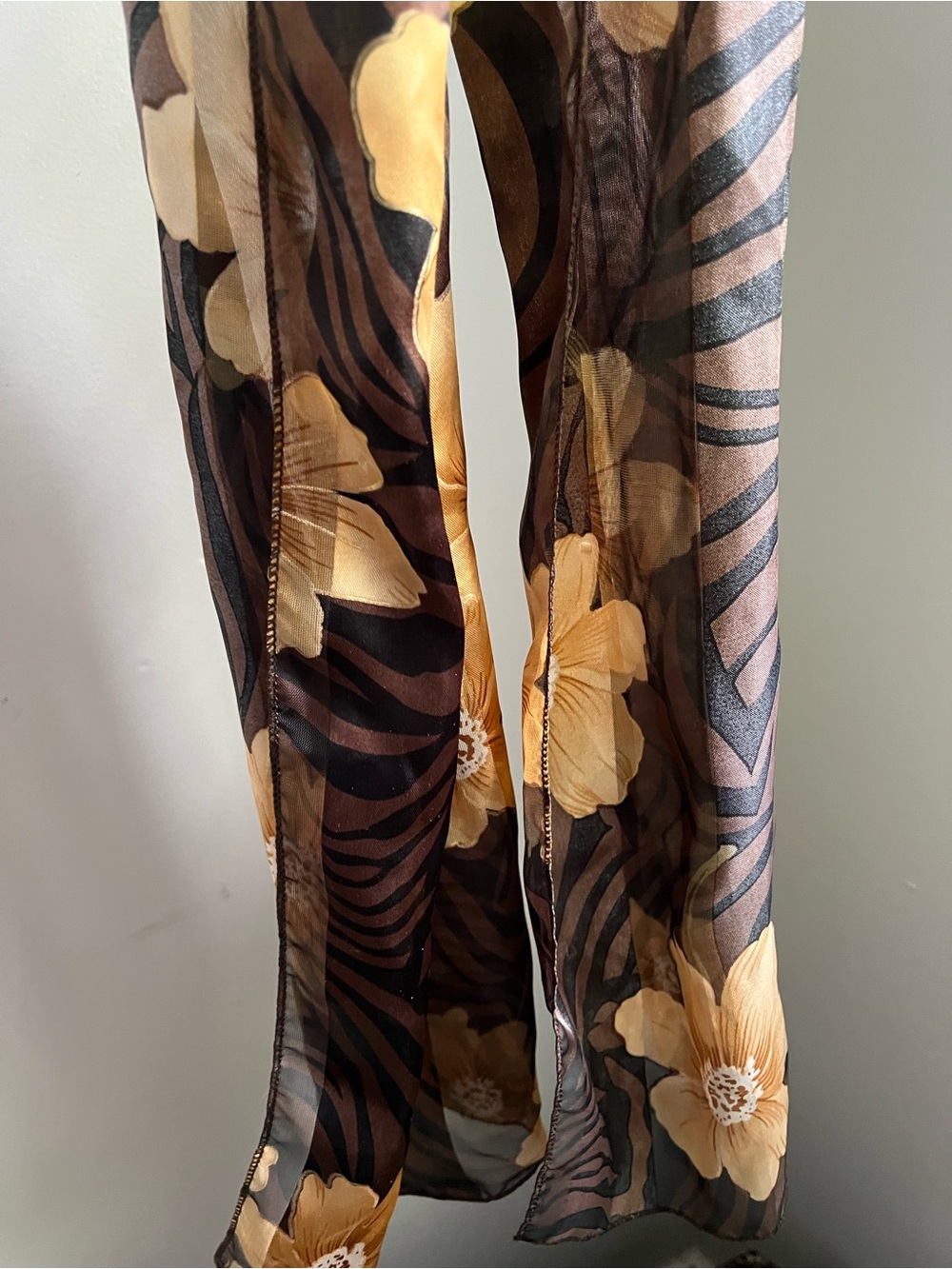 Vintage Scarf Long Sheer Floral Gold Brown Lightweight 60” long x 14” Wide